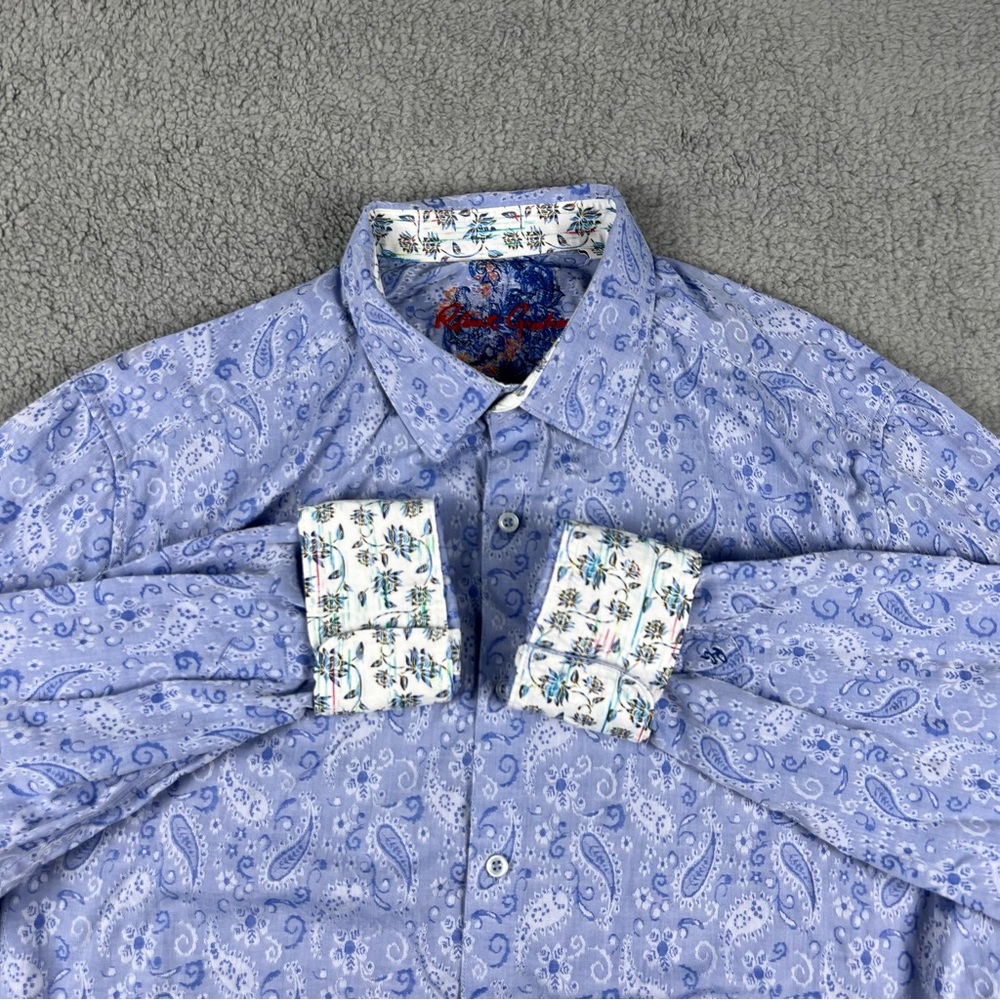 Robert Graham Shirt Mens 2XL XXL Blue Paisley Classic Fit Button Up Flip Up Cuff